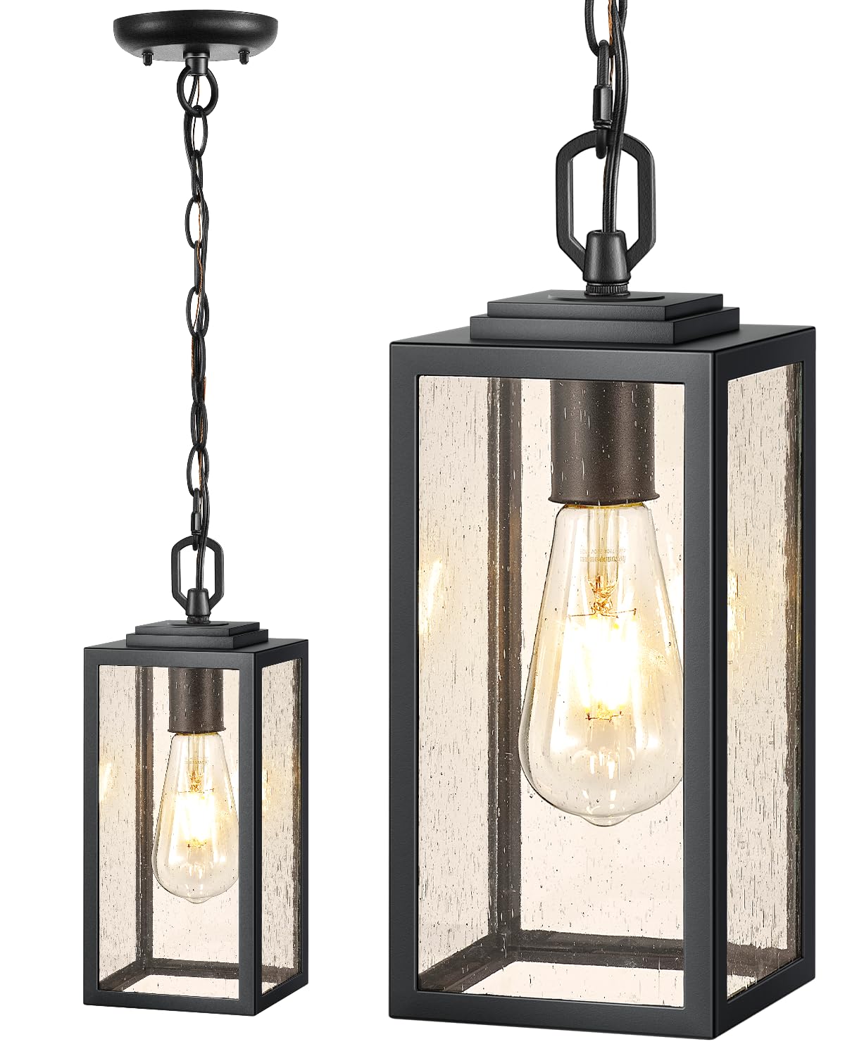 VIANIS Outdoor Hanging Lights, Exterior Pendant Light Fixtures for Front Porch, Modern Black Outdoor Patio Lighting with Tempered Seeded Glass, Anti-Rust Adjustable Chain Outdoor Chandelier Lantern