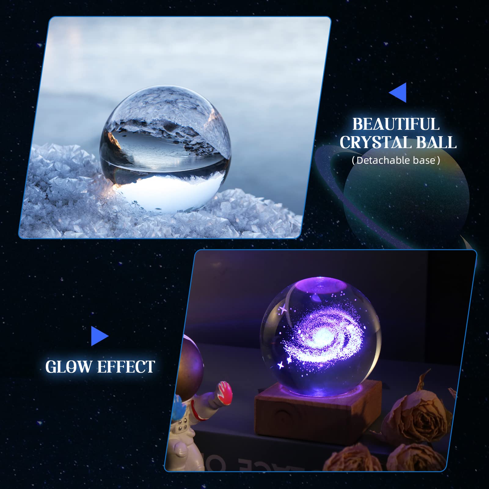 Sfera Di Cristallo Con Sistema Solare 3D EUBUY - Luce Notturna LED Con Base In Legno, Alimentazione USB, Luce Bianca Calda, Decorazione Casa