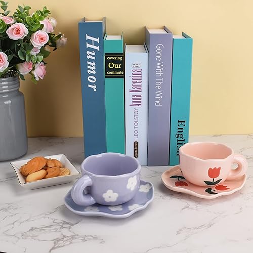 Miniatura 7 de Koythin Taza de café de cerámica con platillo, bonita taza creativa diseño único de platillo irregular para oficina y hogar, 6 oz6.1 fl oz para té
