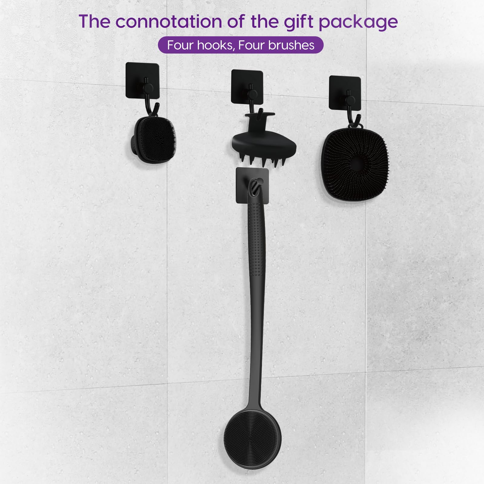Silicone Body Scrubber Set, Includes Back & Body Scrubbers, Face Brush, Scalp Massager, 4 Storage Hooks, Shower & Bathroom Hygiene Accessories for Present(Black)