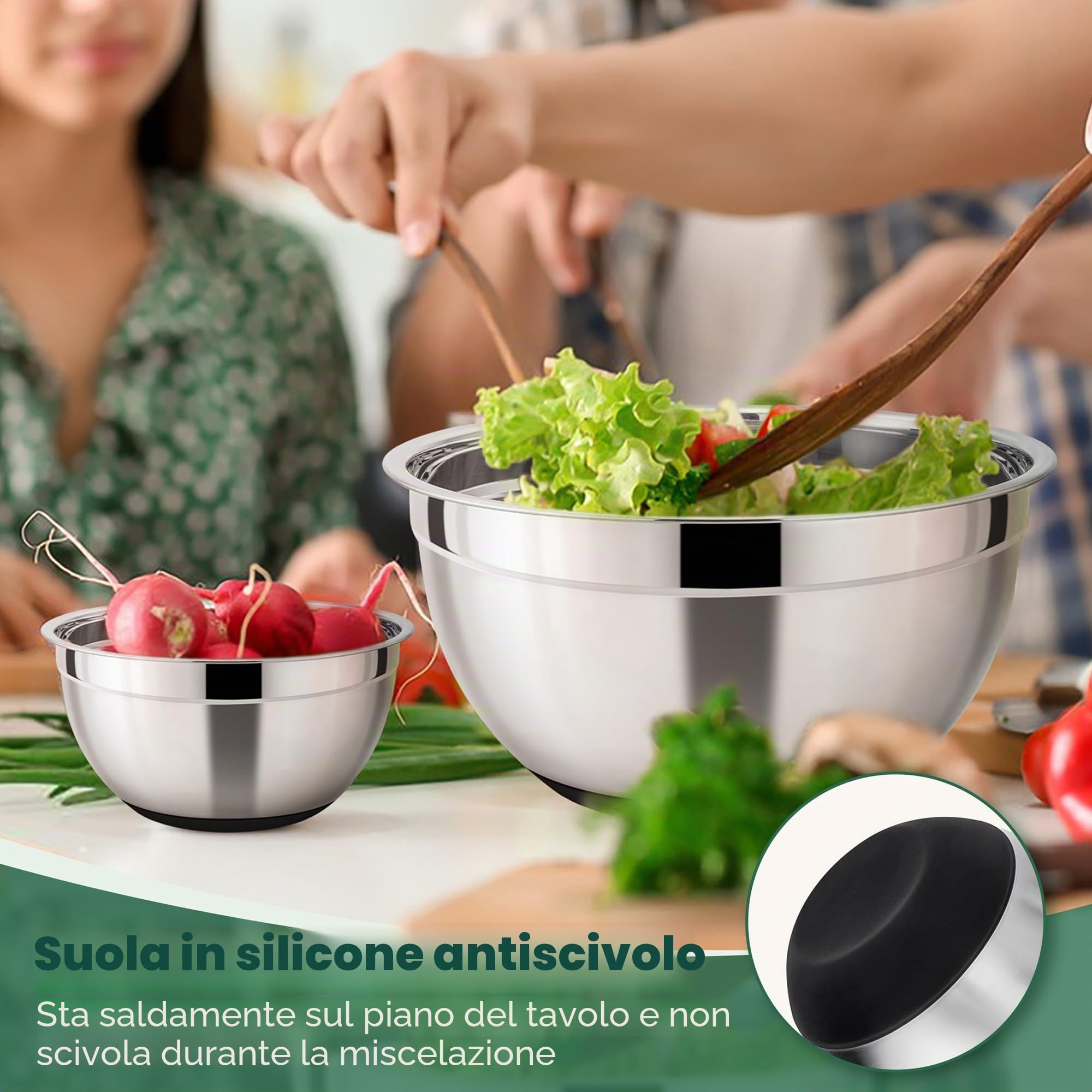 HaWare Set di 4 ciotole in acciaio inox con coperchio ermetico e fondo in silicone, ideali per cucinare, impilabili e lavabili in lavastoviglie, 4,6 l/2,8 l, 1,5 l, 0,7 l, nero