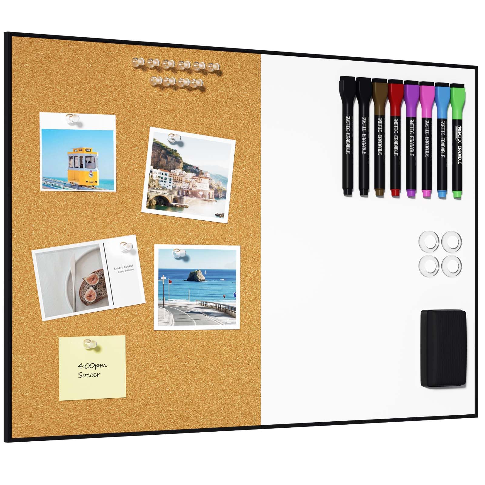 White Board Cork Board Combo, 24" X 18" Dry Erase Corkboard Combination Magnetic Bulletin Board for Wall, Vision Board for Home, Office, School