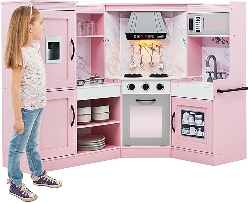 Best Choice Products Cocina de esquina de juego de simulación, juego de juguetes de madera interactivo para niños con luces y sonidos, máquina de