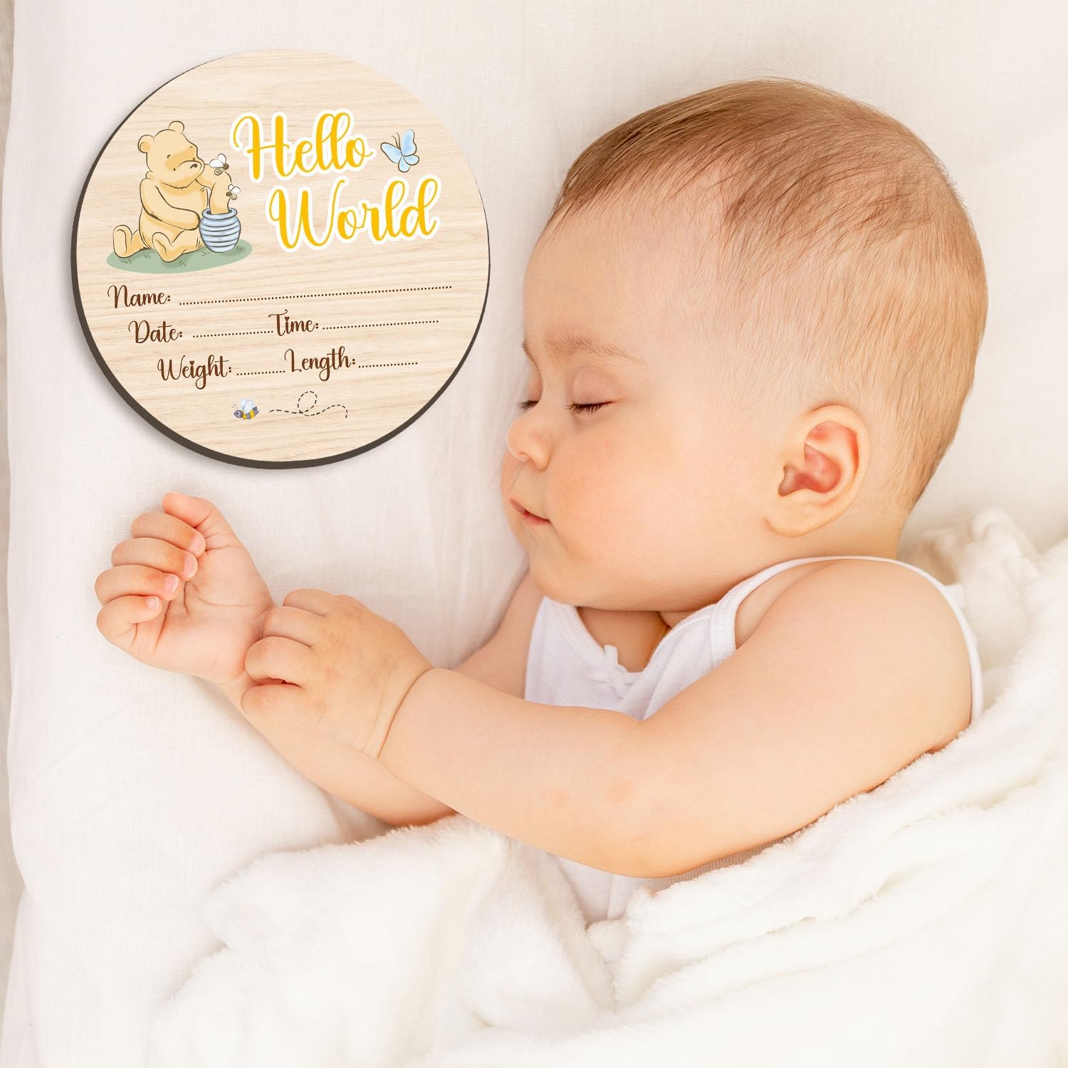 Winnie Baby Wooden Newborn Birth Sign, Winnie Hello World Newborn Signs, Babies Name Sign, The Pooh Baby Announcement Signs Photography Prop, Double Sided Hello World for New Mom Babies Party