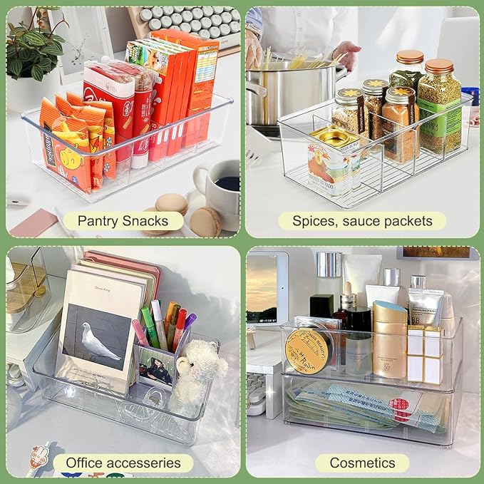 8 Pack Food Pantry Organization and Storage Bins,Plastic Clear Removable Snack Organizer Racks w 3 Dividers, Great for Organize Packets, Spices, Pouches Stackable Fridge Kitchen, Cabinets