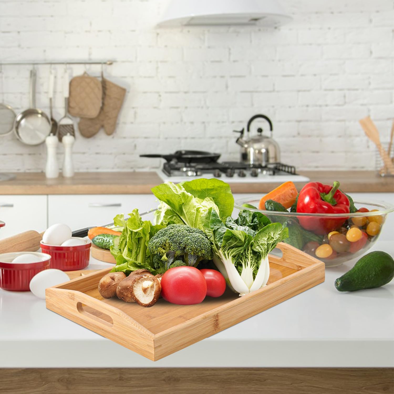 3 PCS Bamboo Serving Tray, Breakfast Bed Tray with Handle, 15 x 10 x 2 Inch Wood Serving Tray for Serving, Breakfast Bed Trays for Eating, Decor, Displaying Cake, Fruit - Image 5