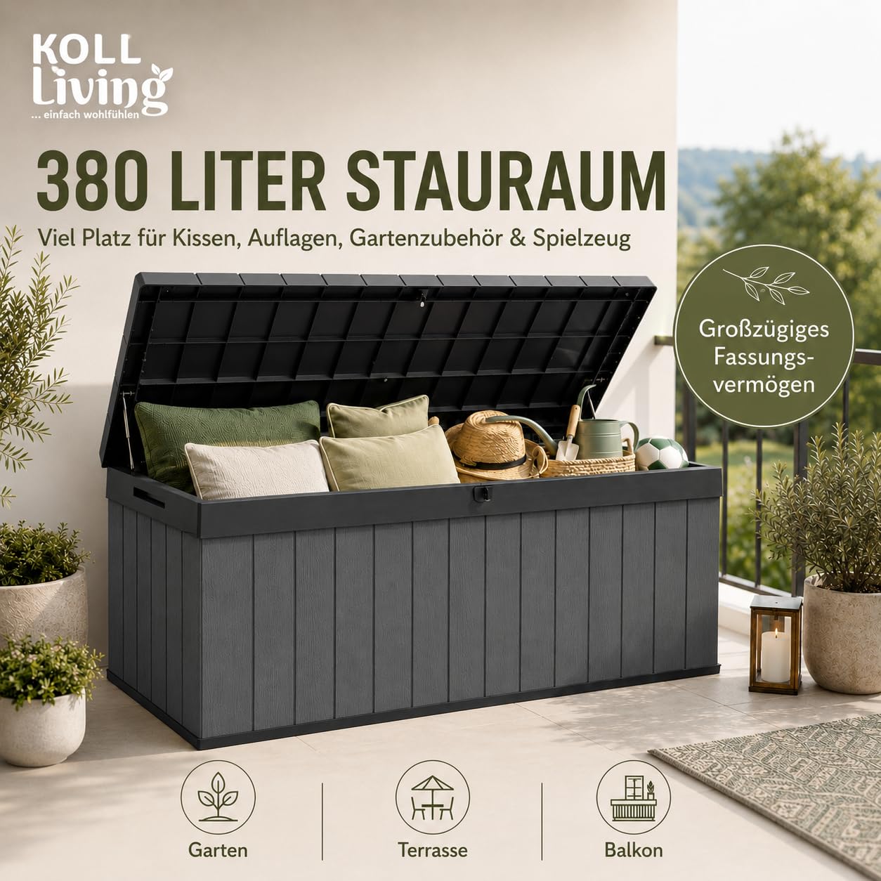 Koll Living Auflagenbox/Kissenbox 380 Liter l 100% Wasserdicht l mit Belüftung dadurch kein übler Geruch/Schimmel l Moderne Holzoptik l Deckel belastbar bis 300 KG (2 Personen)