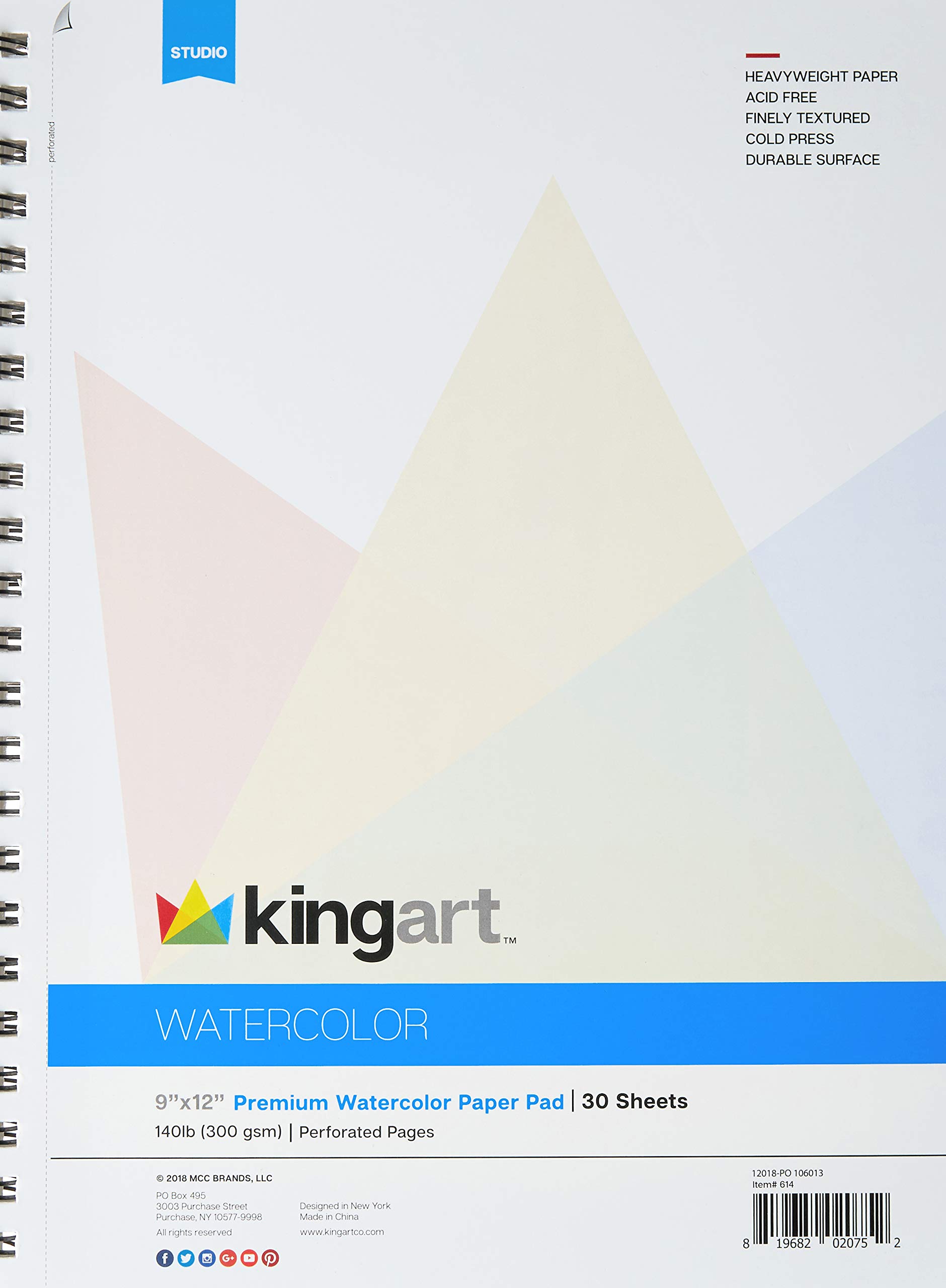 KINGART 9 x 12 Inch Watercolor Pad, 30 Sheets 140lb/300gsm, Spiral Bound Acid Free Cold Pressed Paper, Painting & Drawing Sketchbook, Art Supplies for Wet, Dry & Mixed Media