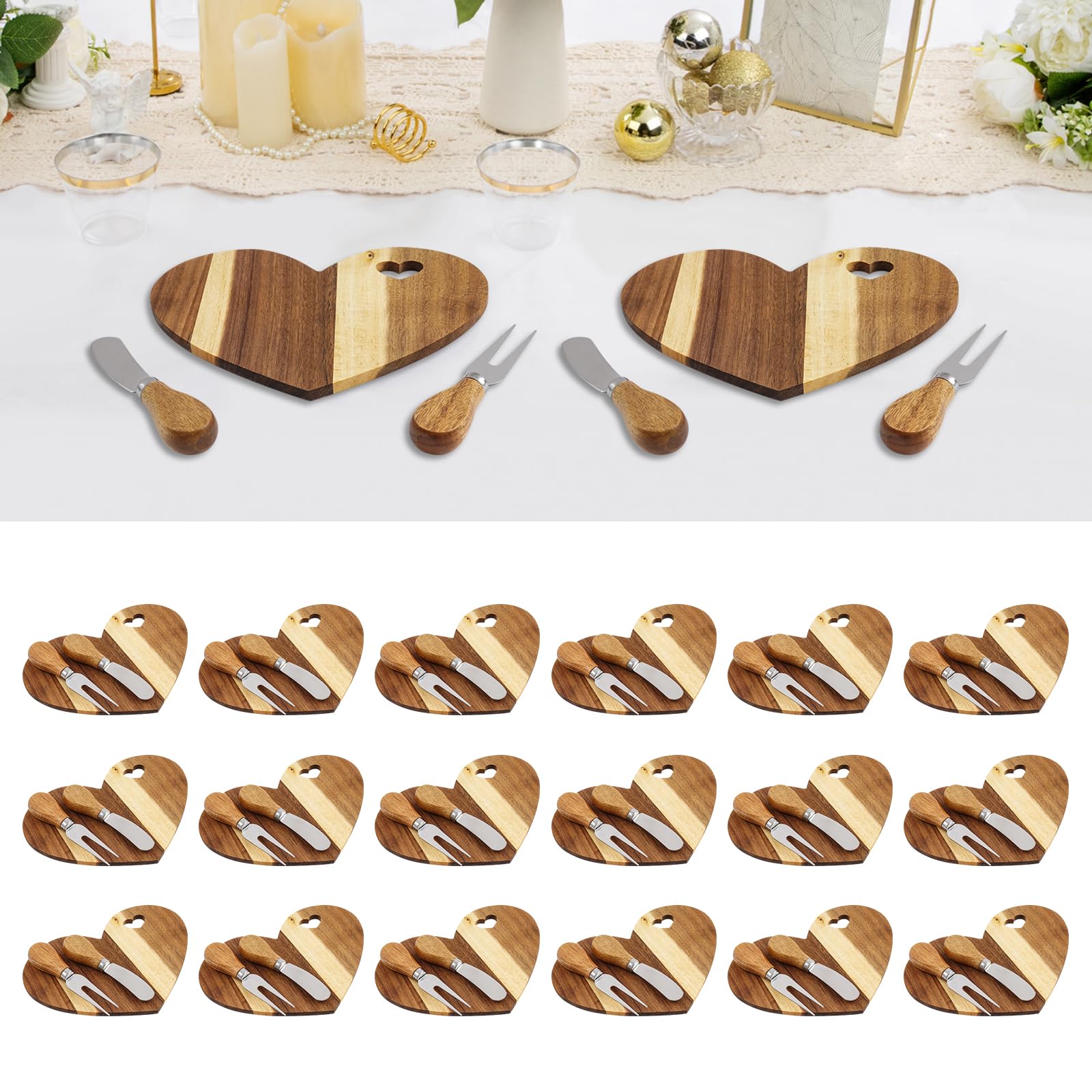 Lot de planches à fromage en bois d'acacia en forme de cœur pour 18 invités