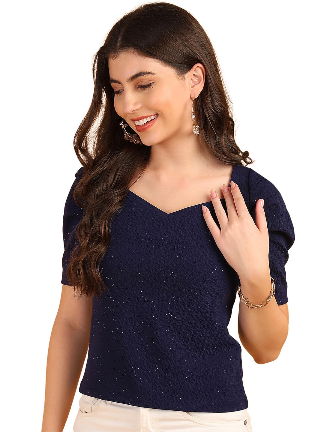 saffe Women Navy Blue Glittered Sweetheart Neck Top-picture-45