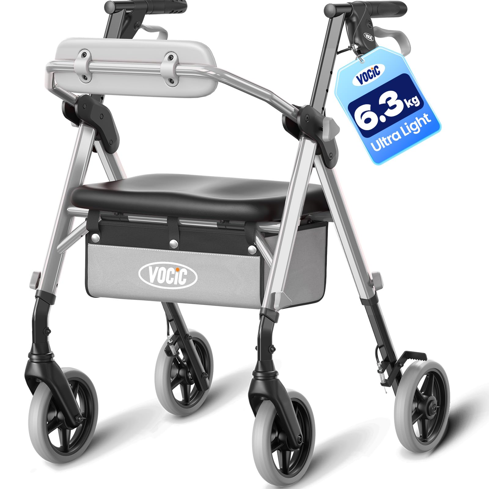VOCIC Deambulatore pieghevole e leggero con seduta, 6,3 kg ultraleggero | Deambulatore per anziani, max 150 kg, sedile ergonomico, altezza regolabile, walker stretto per casa & viaggi, argento