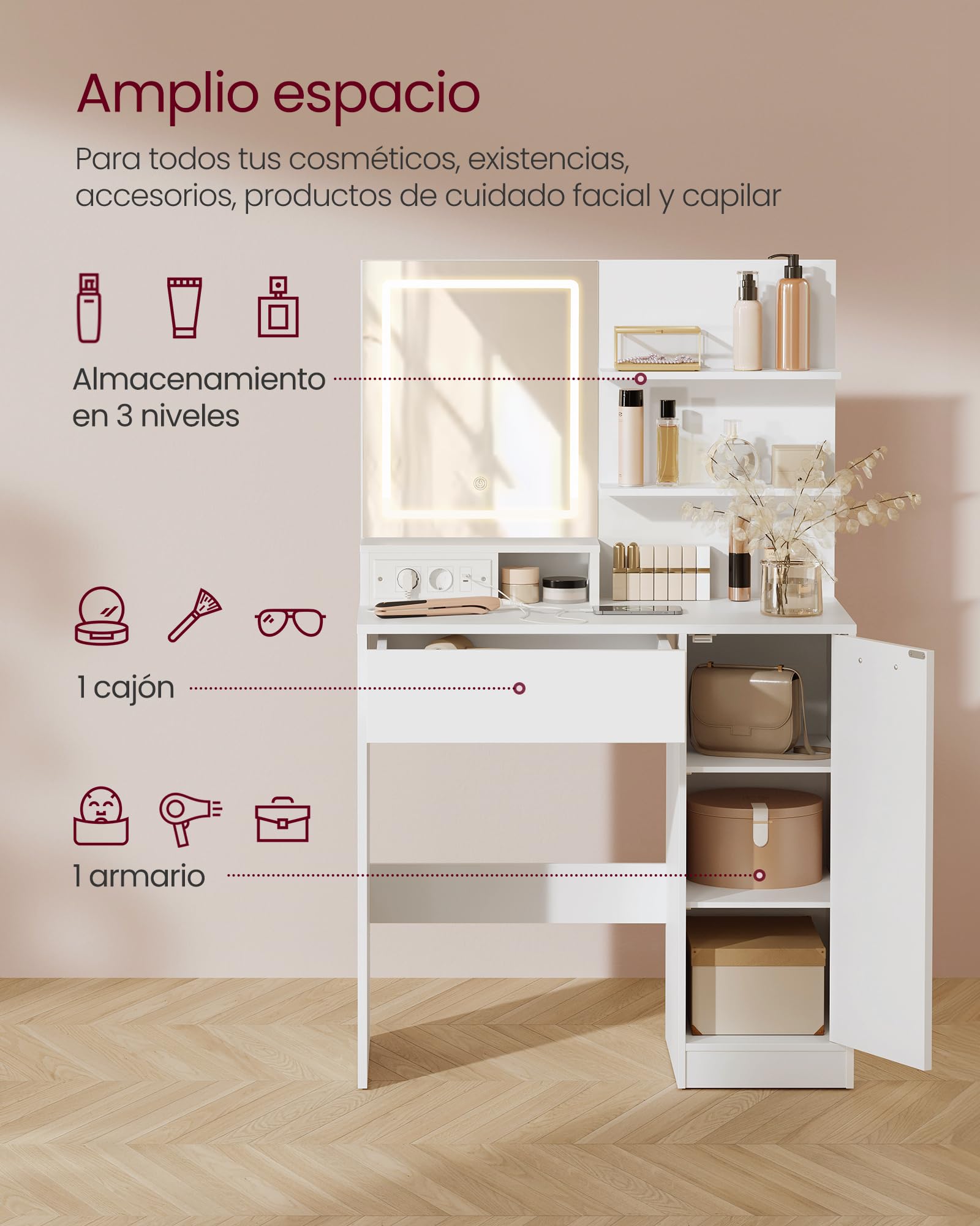 VASAGLE Kailyn Colección - Tocador con Espejo LED, con Regleta de Enchufes, Gabinete con 2 Estantes Ajustables, 1 Cajón, 2 Estantes Abiertos, Estilo Moderno, Blanco RDT138W01