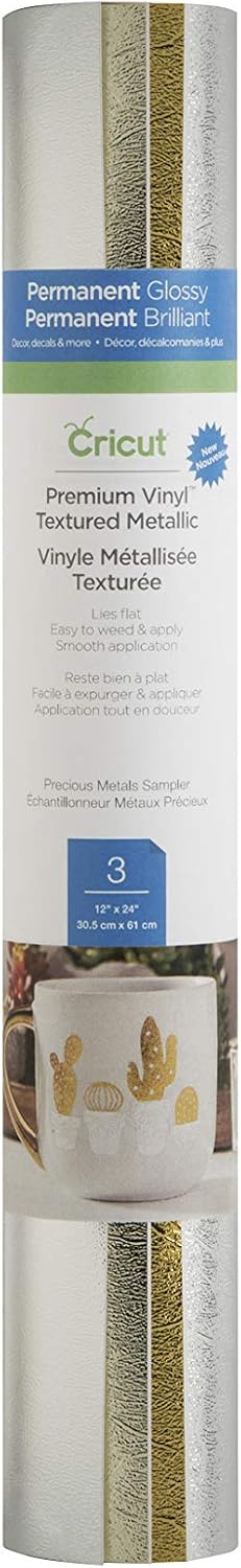 Cricut Permanent Vinyl - Textured Metallic, Precious Metals Sampler - 3 Sheets 12' x 24' (Gold, Silver, Platinum)