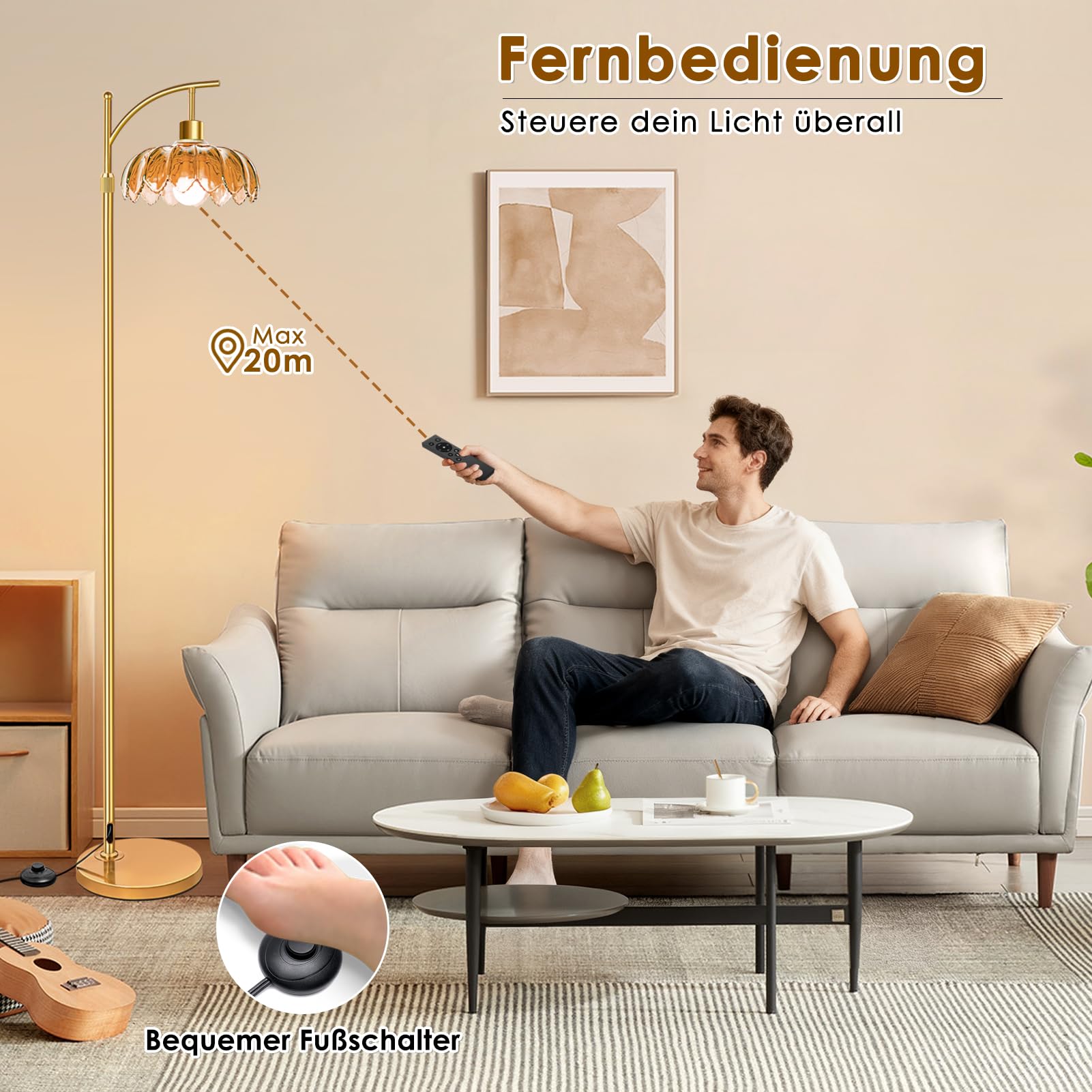 Stehlampe Wohnzimmer Vintage Gold Dimmbar mit Fernbedienung: Moderne LED Leselampe Messing Bogen für Schlafzimmer, Büro, Retro Klassische Design mit Braun Schirm, Boho & Mid Century Modern, Groß 175cm