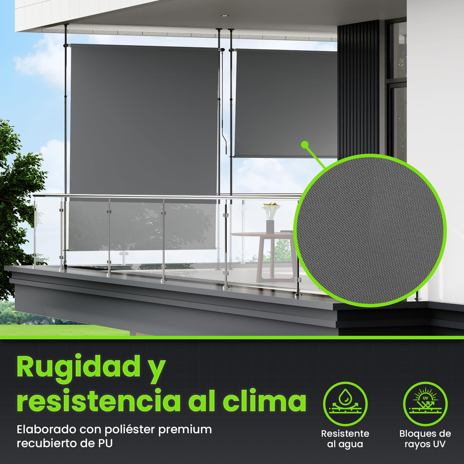YEAUPE Pro Toldo Vertical Exterior, 100 x 300 cm, Gris Oscuro, sin Agujeros, toldo con Pinza, con manivela, Adecuado para balcón, terraza, Exterior y jardín, protección Visual Resistente a la
