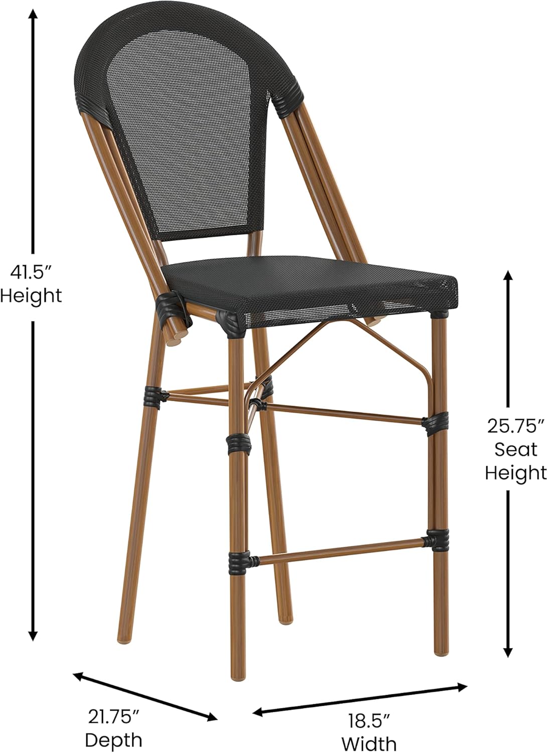 Merrick Lane Mael Bistro Style Stacking Counter Stools - Indoor/Outdoor Textilene Back and Seat - Natural Bamboo Finish Metal Frame - Set of Two - Black