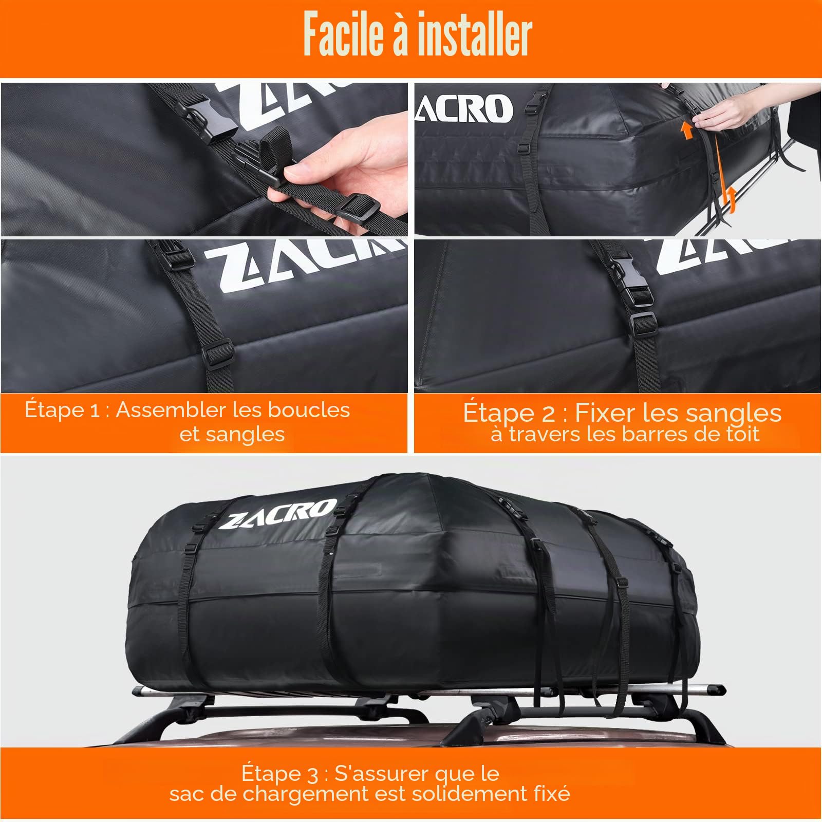 Zacro Sac de Toit pour Voiture 425 litres 15 Pieds Cubes Sac de fret, Porte-Bagages de Toit Pliable et étanche, Sangles pour Toute Voiture avec Galerie Coffres de Toit