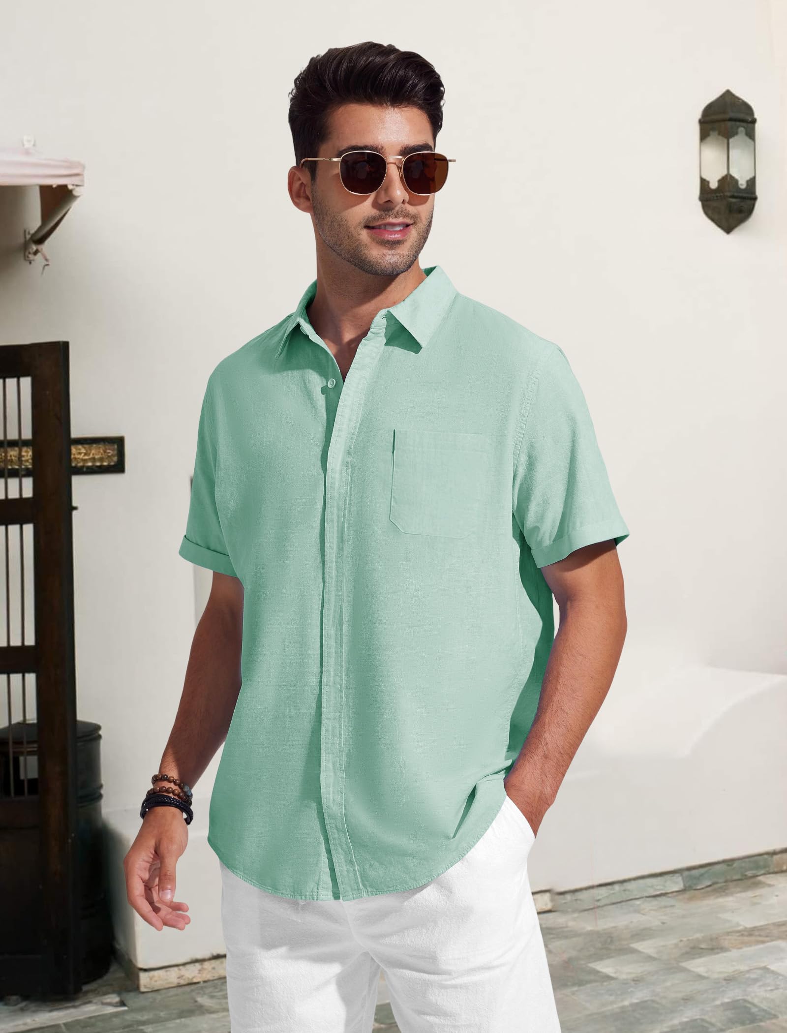Friptspyg Chemise en Coton et Lin à Manches Courtes pour Homme avec Poche Et Boutons Cachés Idéale pour Un Usage Quotidien Casual Ou à La Plage