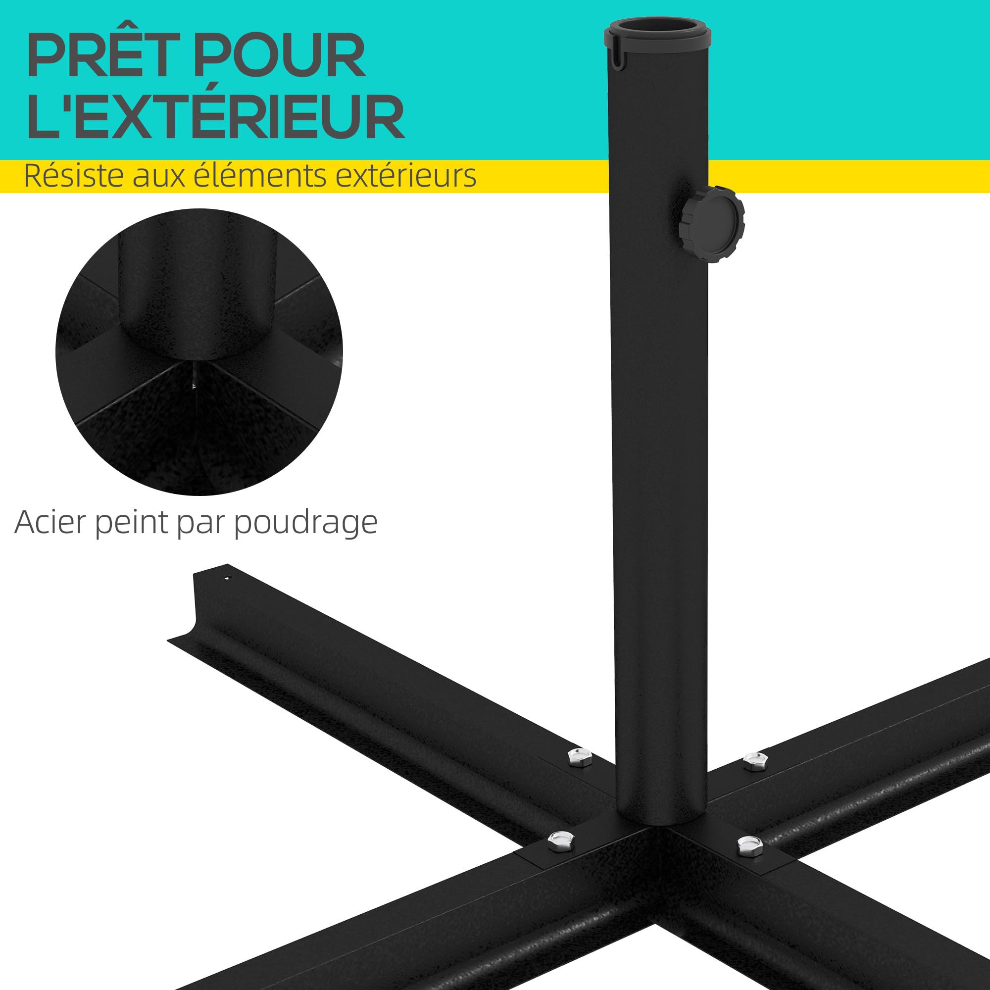Outsunny Pied de Parasol Base de Parasol 3,8 KG Support de Parasol croisé en métal pour mât Ø 38 et 48 mm dim. 100L x 100l x 75H cm Noir