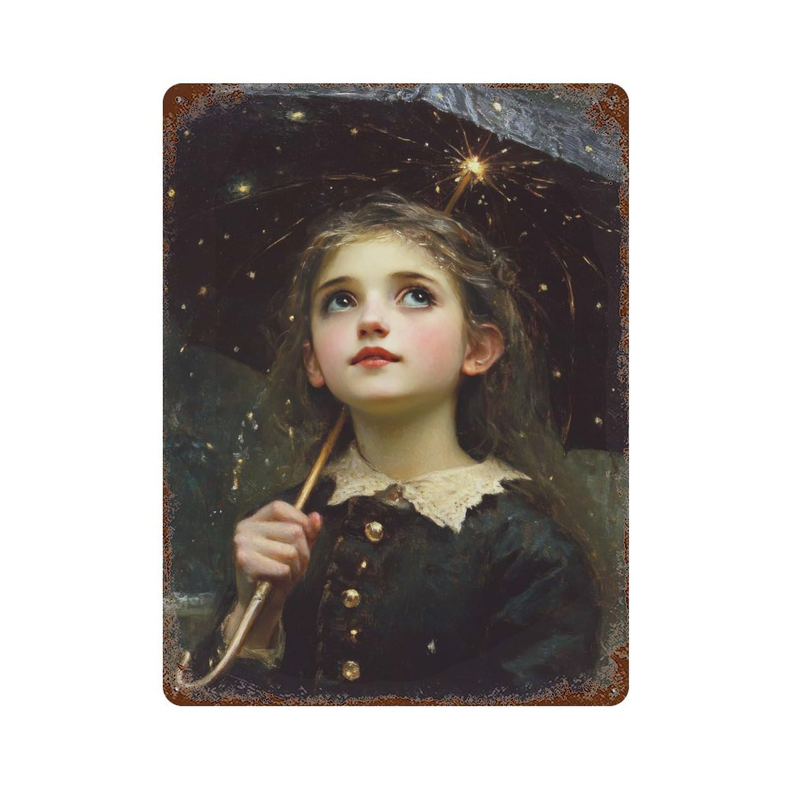 Girl with Starry Umbrella Aged Metal Wall Plaque 15.7"x11.8", Industrial Home Decor for Pub, Kitchen And Man Cave Decor