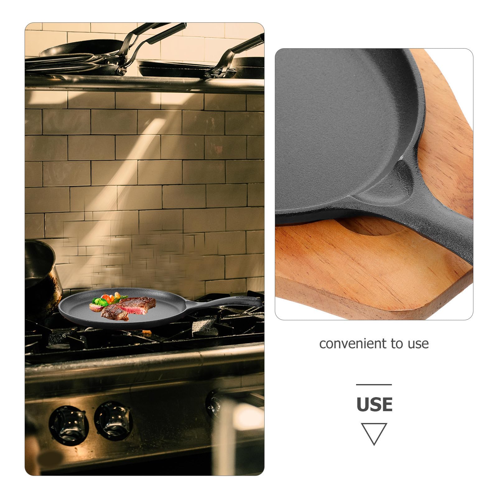 USHOBE Sartén de Hierro Fundido Sartén Antiadherente Redonda con Mango Portátil y Base de Madera Fácil de Limpiar y Duradera para Cocina en Casa