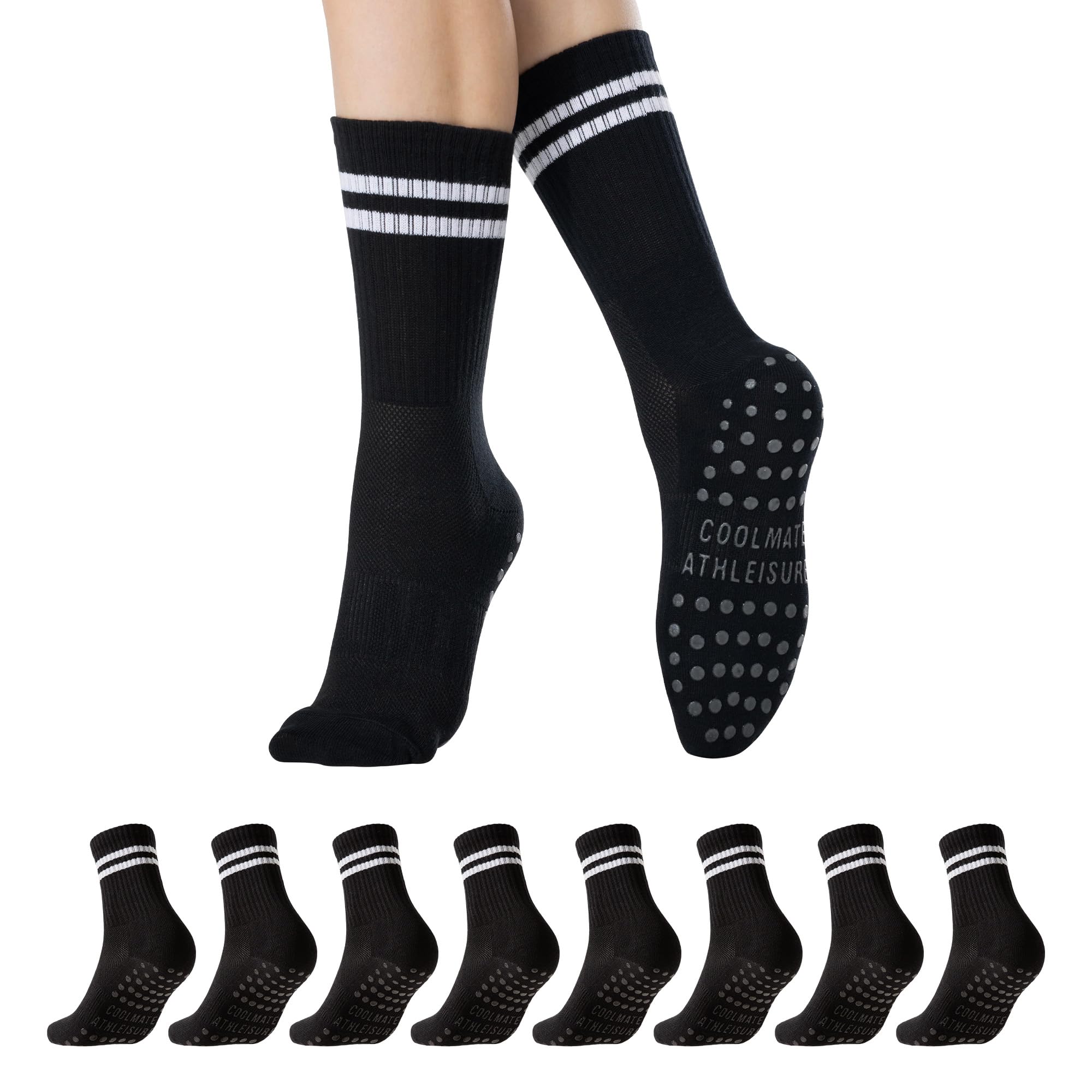 CoolMate Pilates Socks with Grips for Women, Yoga Socks, Stripe Crew