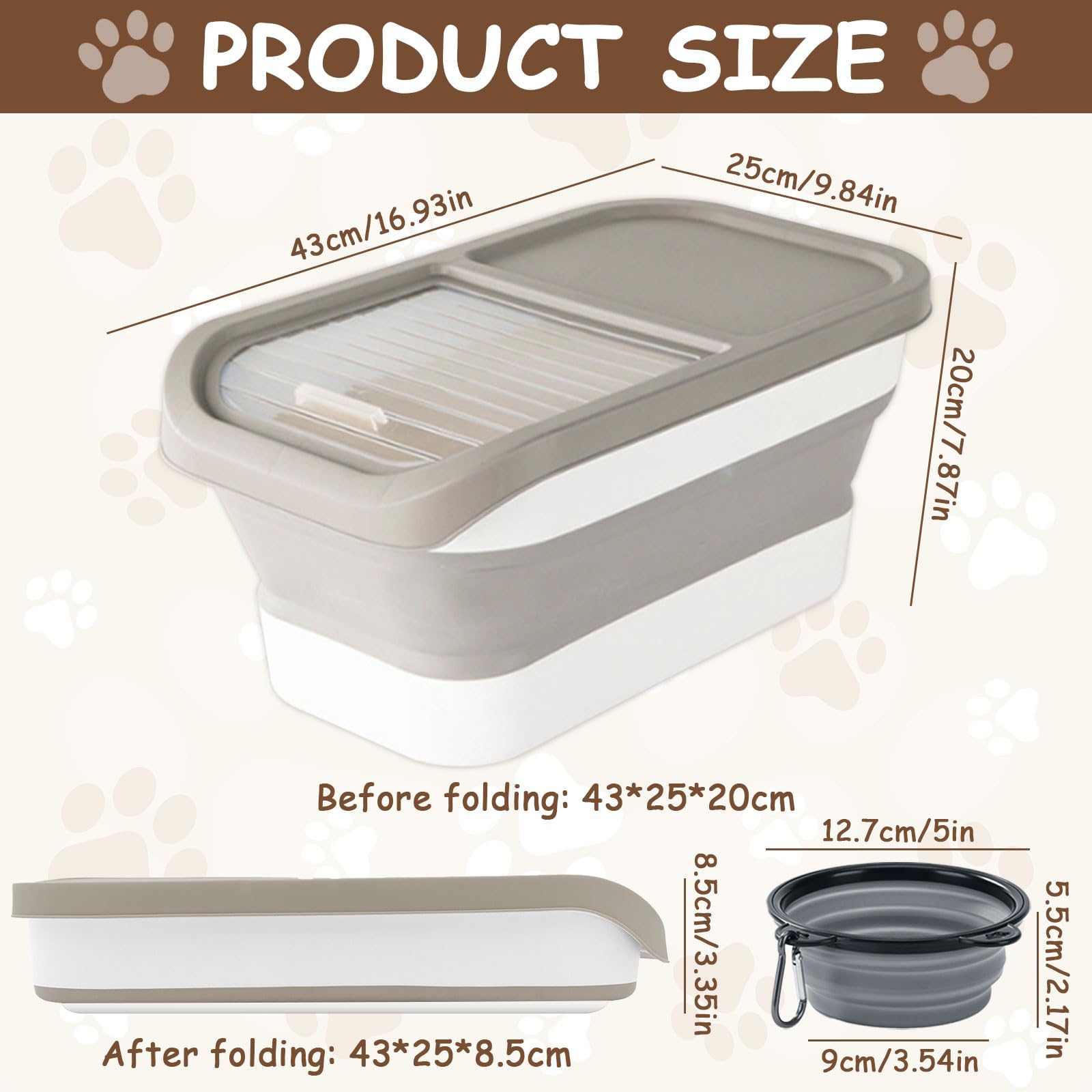 Contenedor Plegable Para Comida De Mascotas 10 Kg - Con Tapa Deslizante, Pala Y Taza Medidora - Para Pienso De Perro O Gato