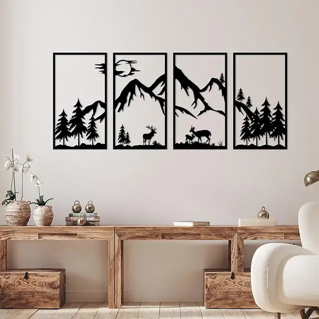 DUOOLN 4-Piece Mountain Scene Metal Wall Art - Black Abstract Nature Decor