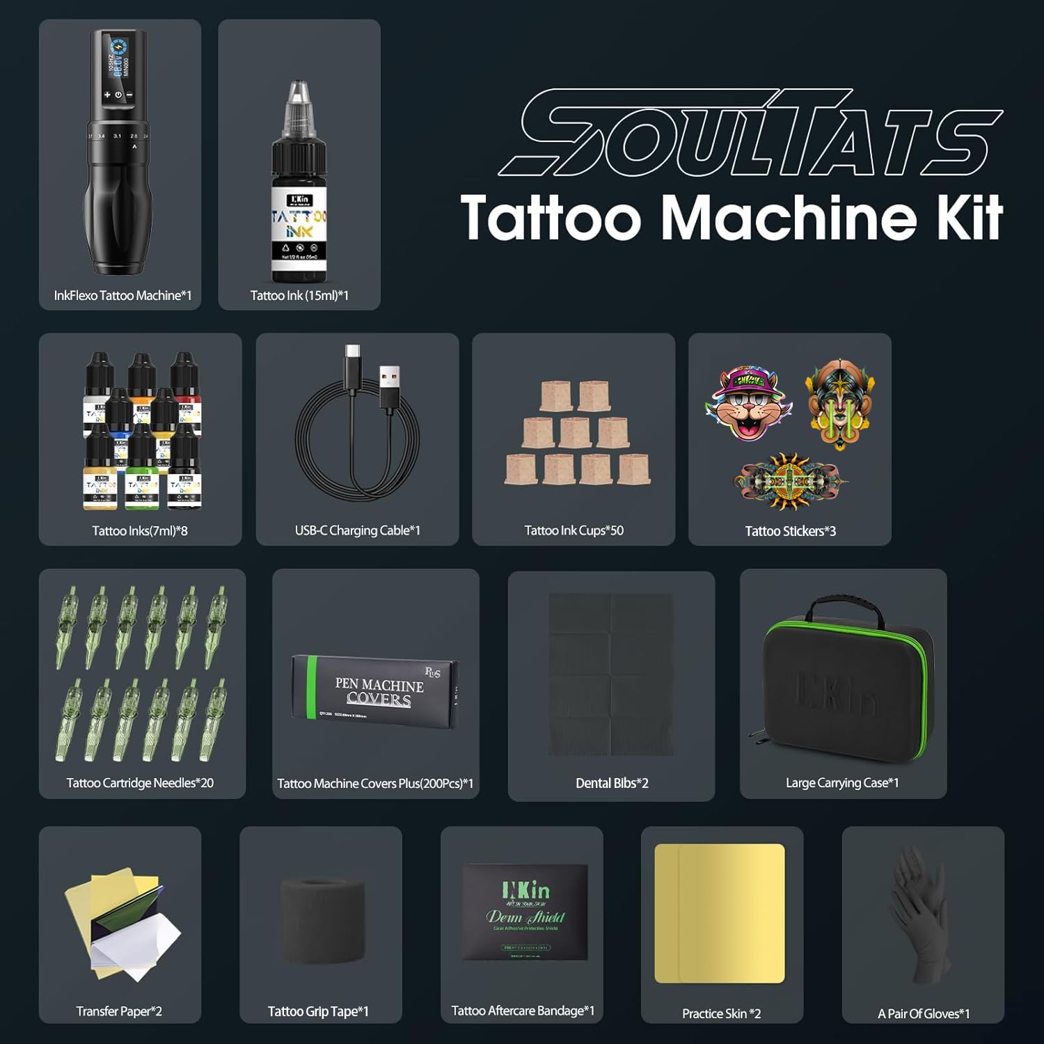 INKin Kit de Tatuaje - Kit de Maquina de Tatuar con 7 Strokes 2.0-4.0mm Máquina de Tatuar Inalámbrica, Batería de Alimentación de 1600mAh, 20Pzs Agujas Tatuaje y 9 Color Tintas para Tatuadores