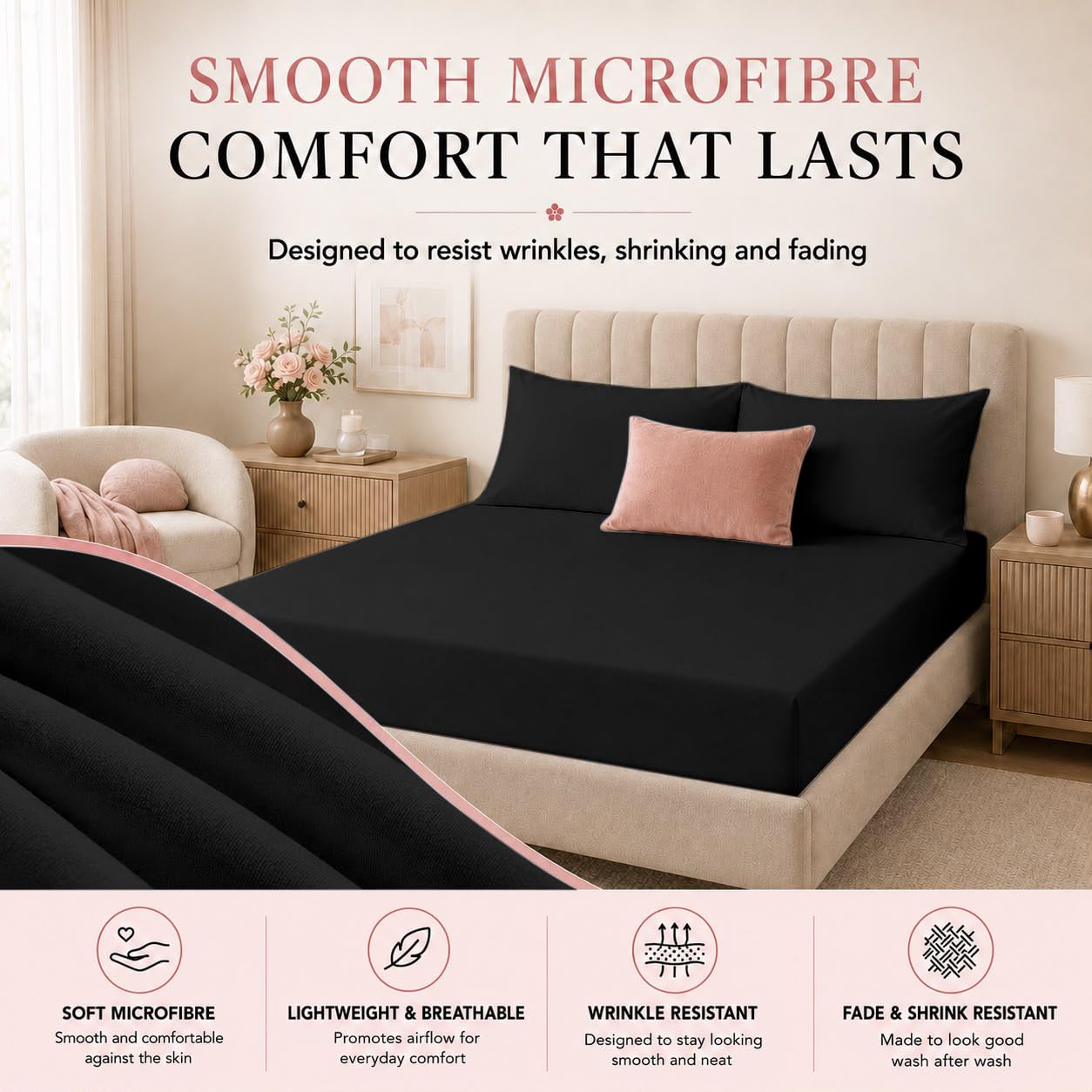 2 Pack King Microfibre Fitted Sheets 30cm Deep Bed Sheets, Black - Image 2