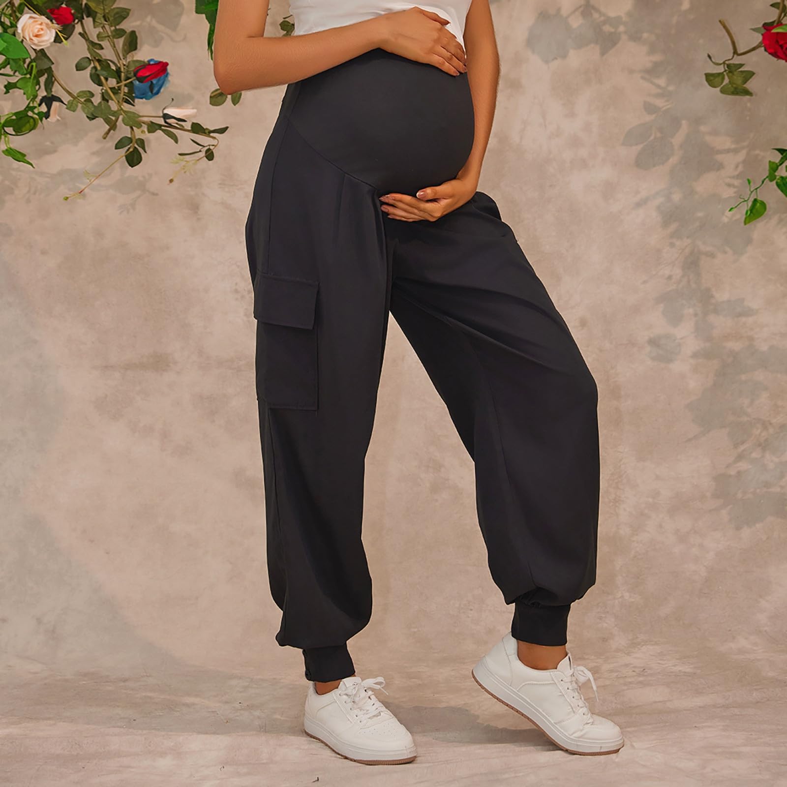 Generisch Pantalon de grossesse streetwear, pantalon cargo taille haute, jambe droite, coupe ajustée, vêtements de grossesse confortables avec plusieurs poches