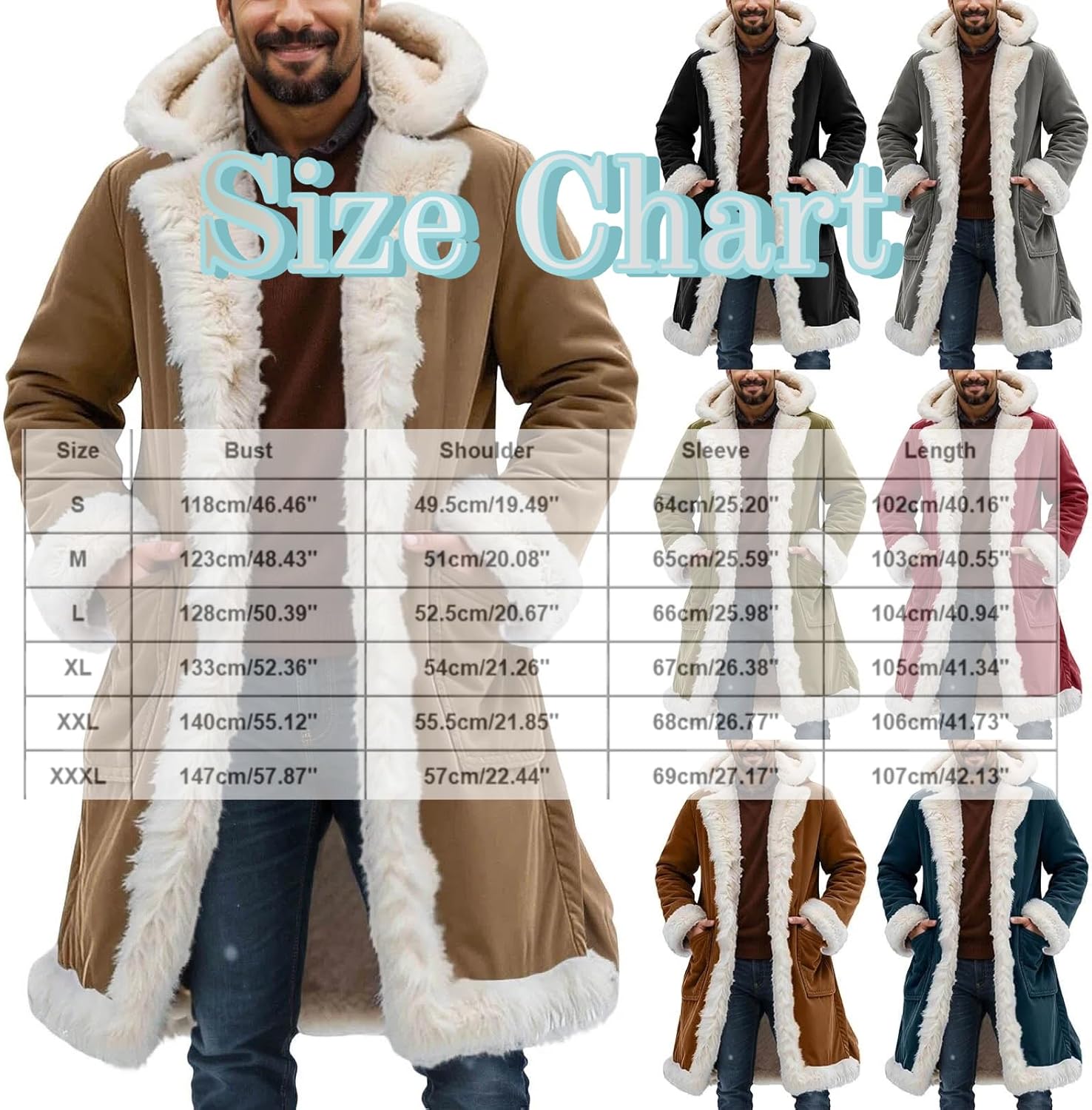 Mens Christmas Santa Long Coat, Heavyweight Fleece Lined Winter Trench Coat with Trim, Hooded Cardigan Jacket - Image 5