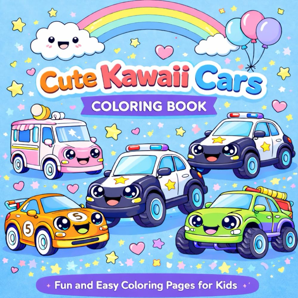 Cute Kawaii Cars Coloring Book for Kids: Fun and Easy Coloring Pages with Adorable Cars for Kids Ages 3–8