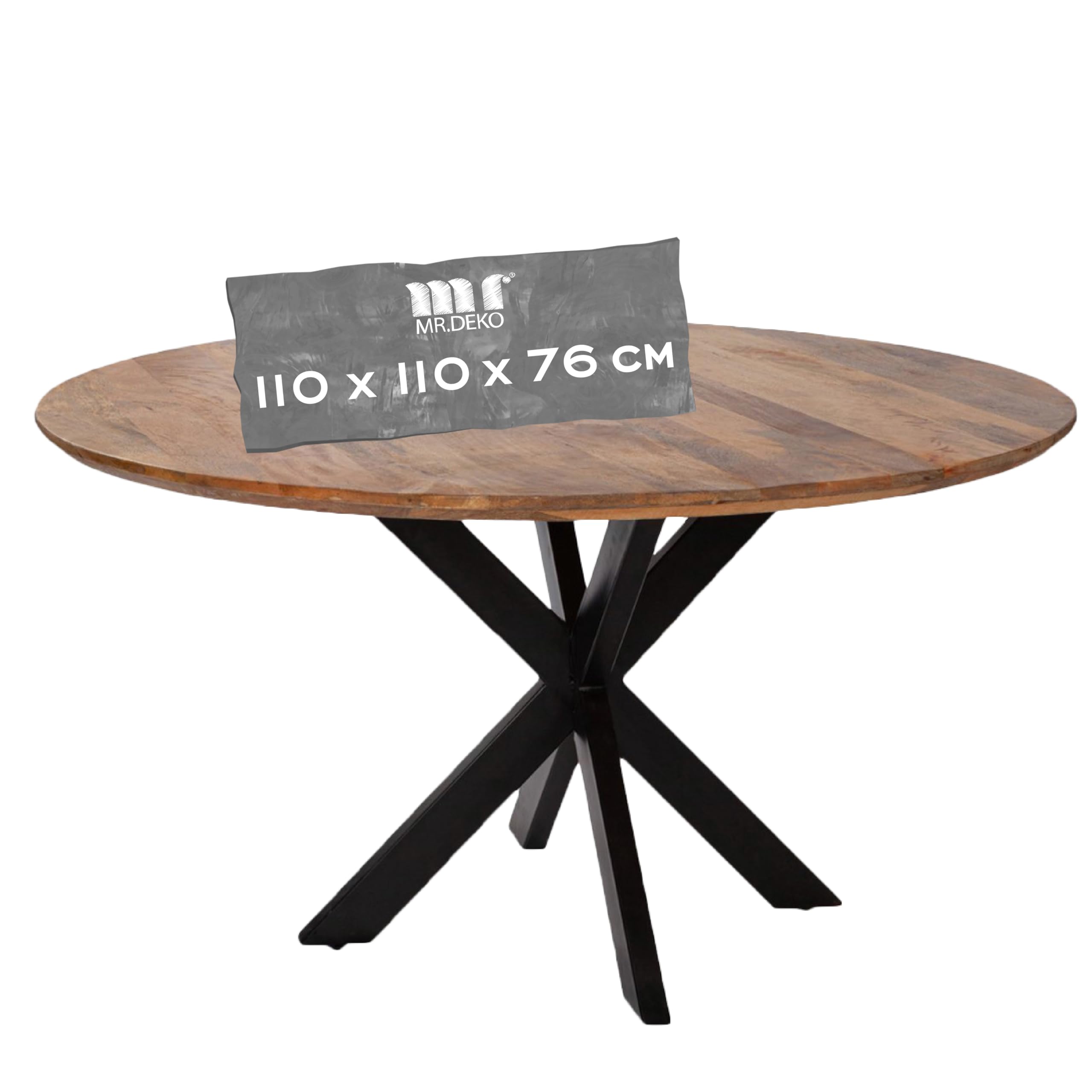 MR. DEKO Esstisch Avola | Rundtisch aus Mangoholz, 110 cm, schwarzes Kreuz-Gestell