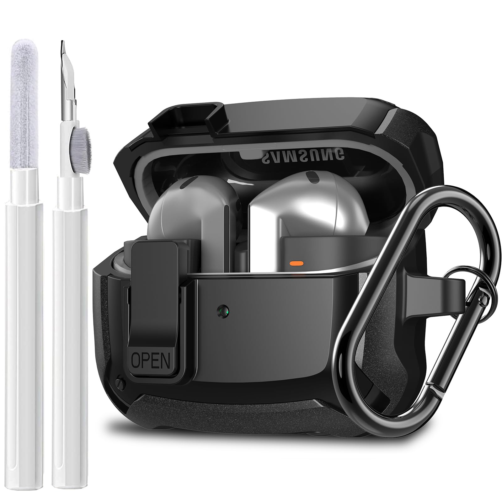 Compatible SAMSUNG Galaxy Bud 3 / Buds 3 Pro Case Cover 2024 with Secure Lock Clip, Rugged Shockproof Galaxy Buds 3/3 Pro Protective Hard Cover Shell with Carabiner& Cleaner kit for Men Women Black