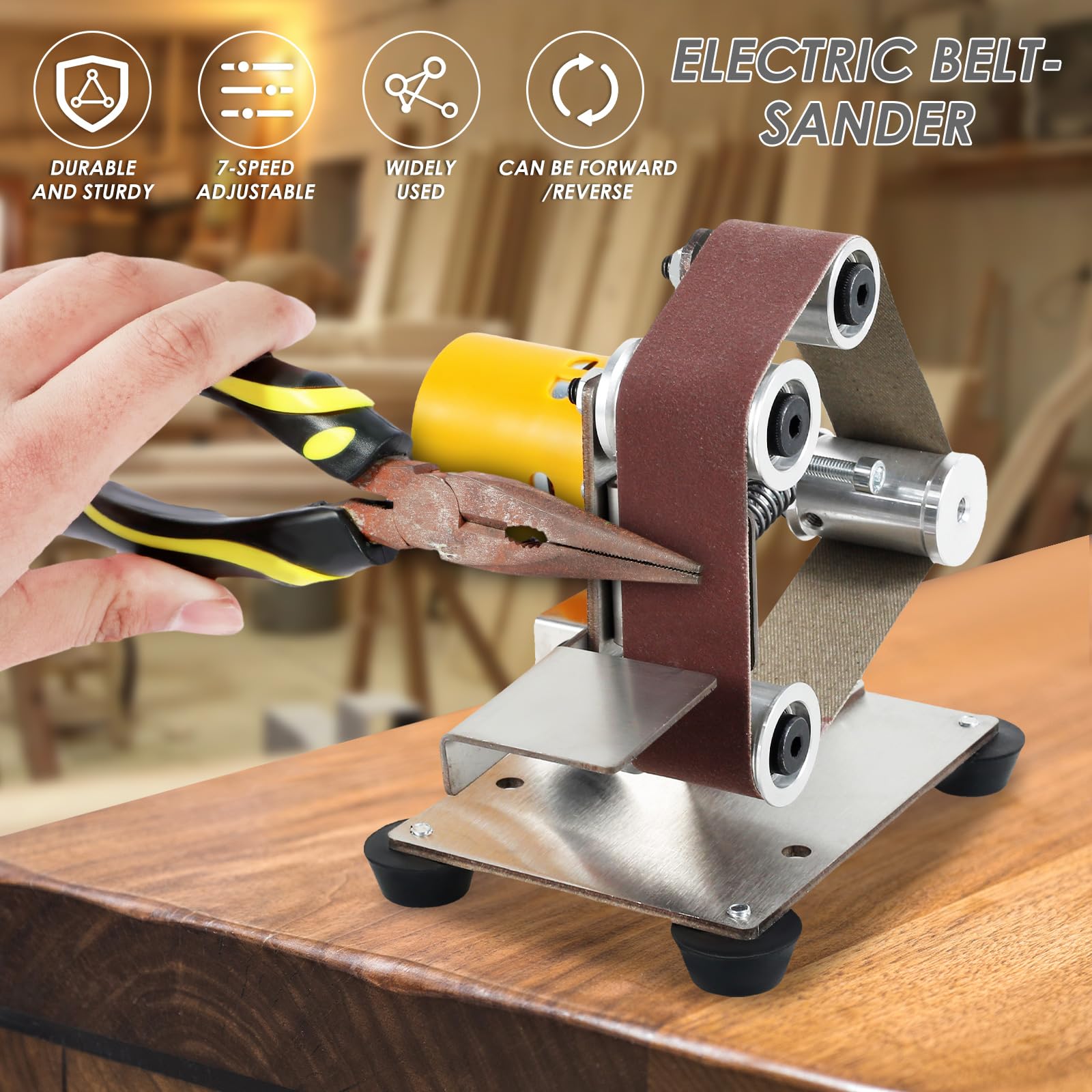 Mini lijadora de banda eléctrica multifuncional, 7 velocidades ajustables, afiladora eléctrica de grano 120-1000, lijadora eléctrica pequeña con almohadilla de pulido de banda de lijado