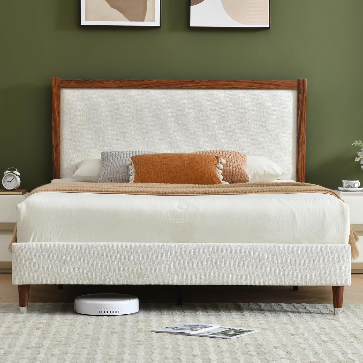 YUHUASHI Queen Upholstered Platform Bed Frame with Solid Wood Trim Headboard, Linen Fabric Upholstery, Sturdy Slat Support No Box Spring Needed, Easy Assembly (Cream, Queen (U.S. Standard))