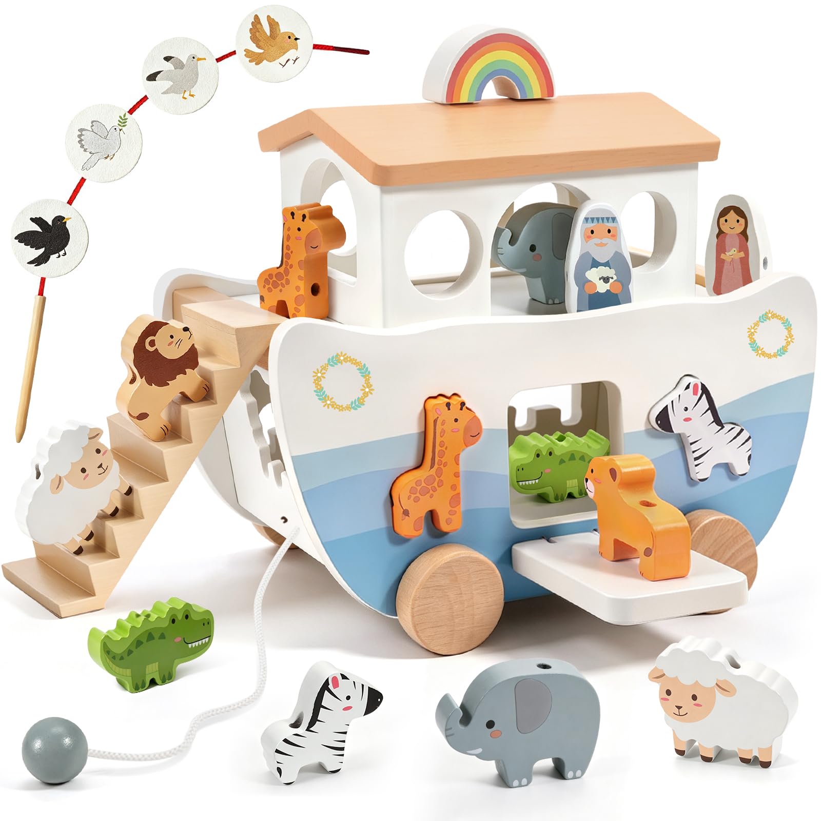 WEARXI Wooden Noahs Ark Baby Kids Toys, Christening Gifts for Girls Boys