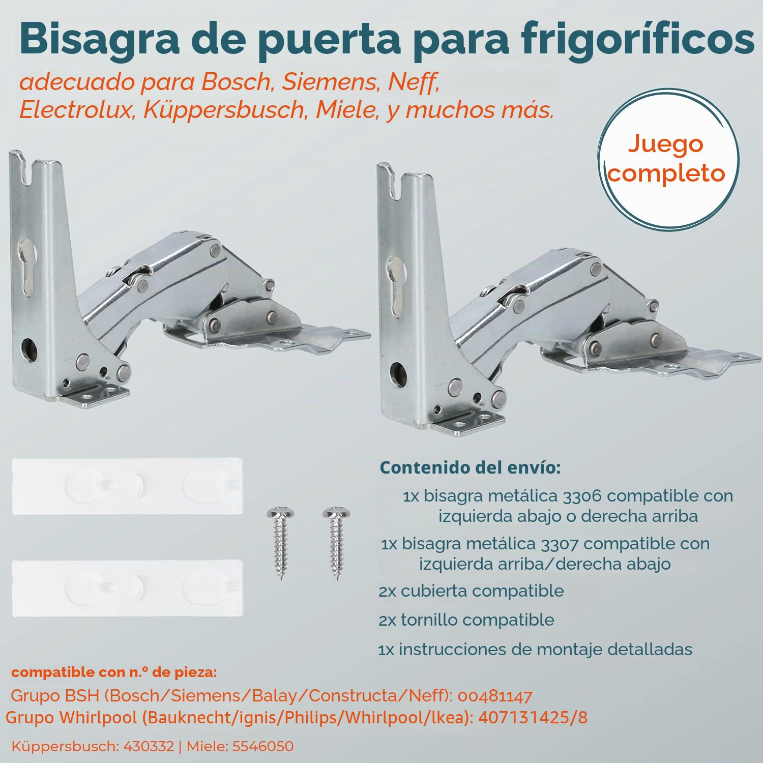 Kenekos - Juego de 2 bisagras de puerta para frigorífico Bosch Siemens 00481147/481147 Neff AEG Electrolux 407131425/8 Miele 5546050 Quelle Constructa Balay Congelador