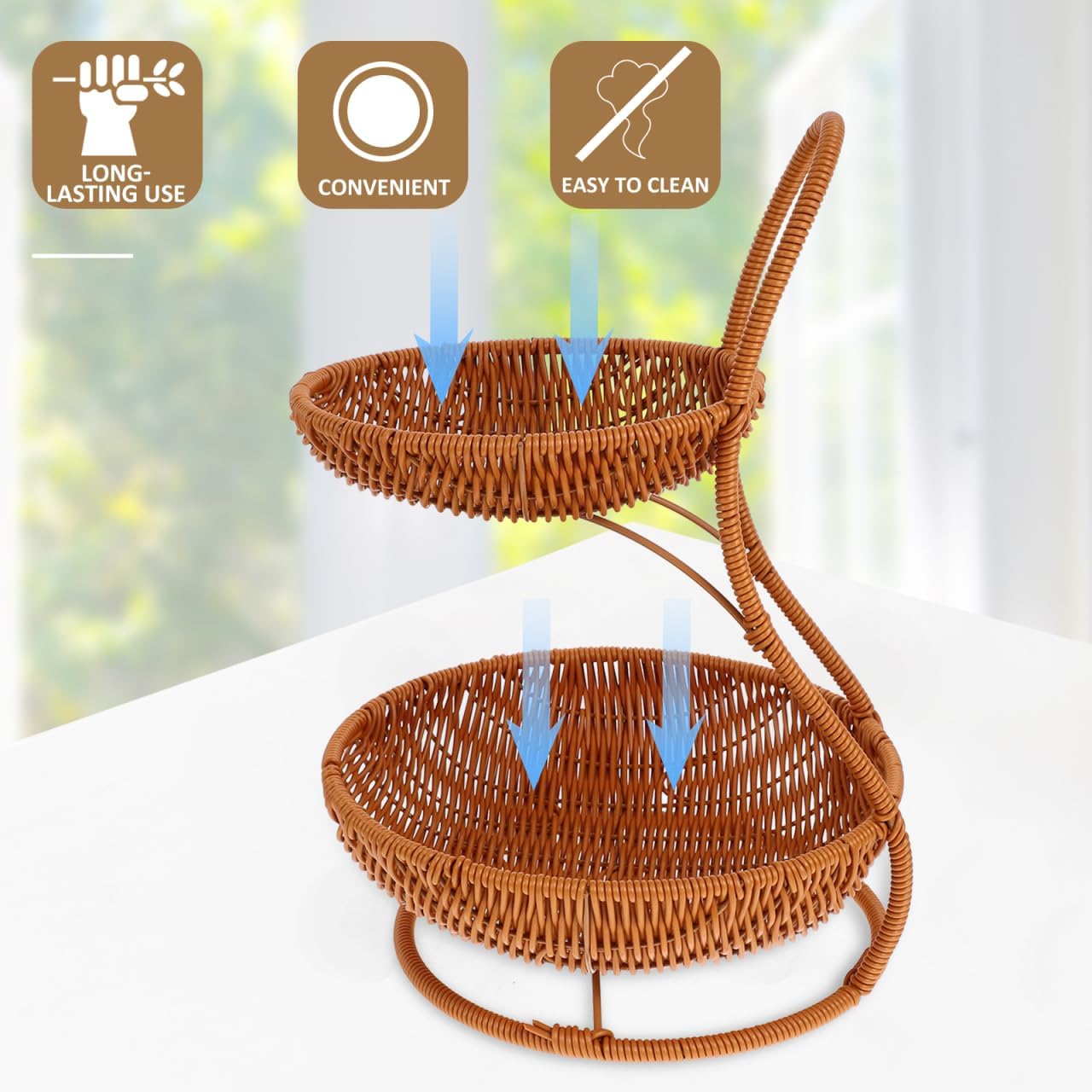 VOSAREA 2 Tier Fruit Basket, Natural Wicker Bread, Rattan Weaving Serving Standing Tray Willow Food Storage for Serving Vegetable Kitchen Home