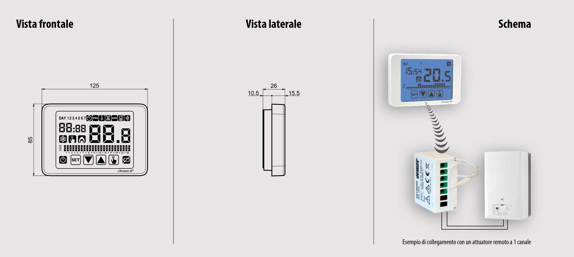 VEMER VE486700 SET CHRONOS RF - Set composto da 1 Cronotermostato Touch Screen da Parete a Batterie + 1 Attuatore Remoto RF, Bianco