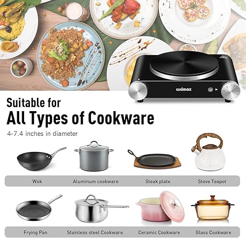 Miniatura 5 de Cusimax Placa de cocción eléctrica portátil para encimera con control de temperatura ajustable y pies de goma antideslizantes, encimera de 7.4