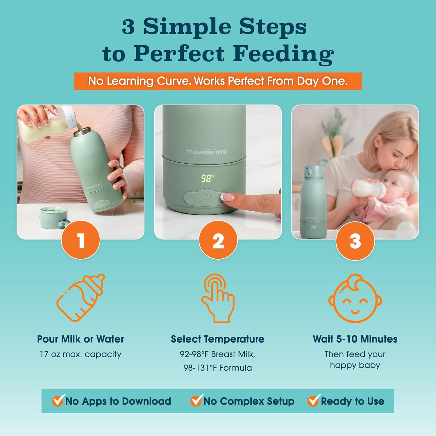 TRAVELISIMO Portable Bottle Warmer for Travel, Dual Heating Modes, Water & Breast Milk Warmer, Baby Bottle Warmer, Fast Heating & Long Battery Life, 17 Ounces Large Capacity, Calentador de Biberones
