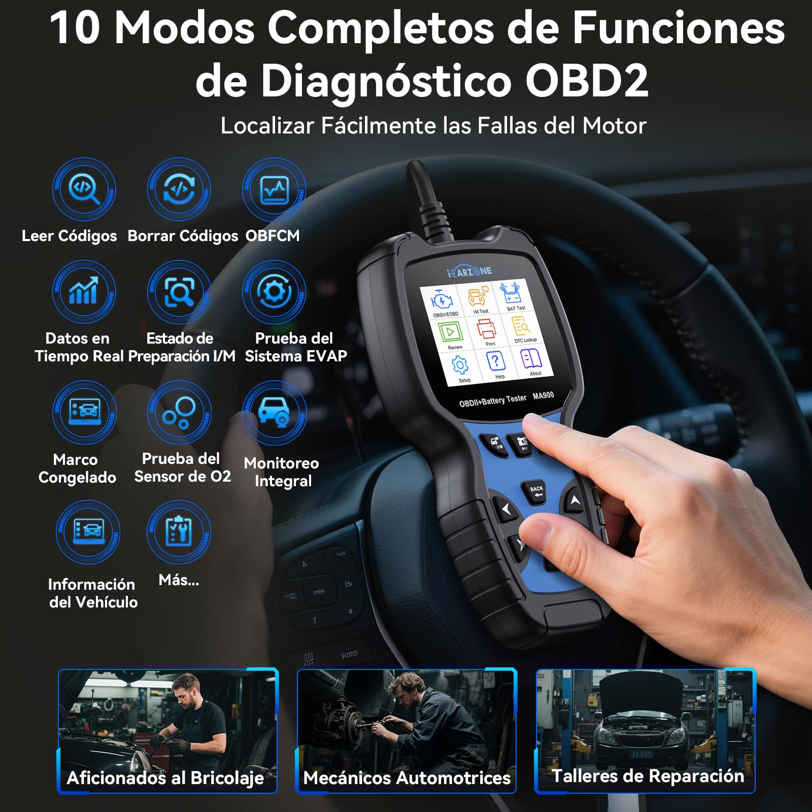 MA900 Comprobador de Batería Coche + Escáner OBD2 -Test de Descarga, Test de Corriente de Arranque, Test de Carga, Función de Lectura para OBFCM, Leer/Borrar Códigos, Datos en Tiempo Real-12V/24V