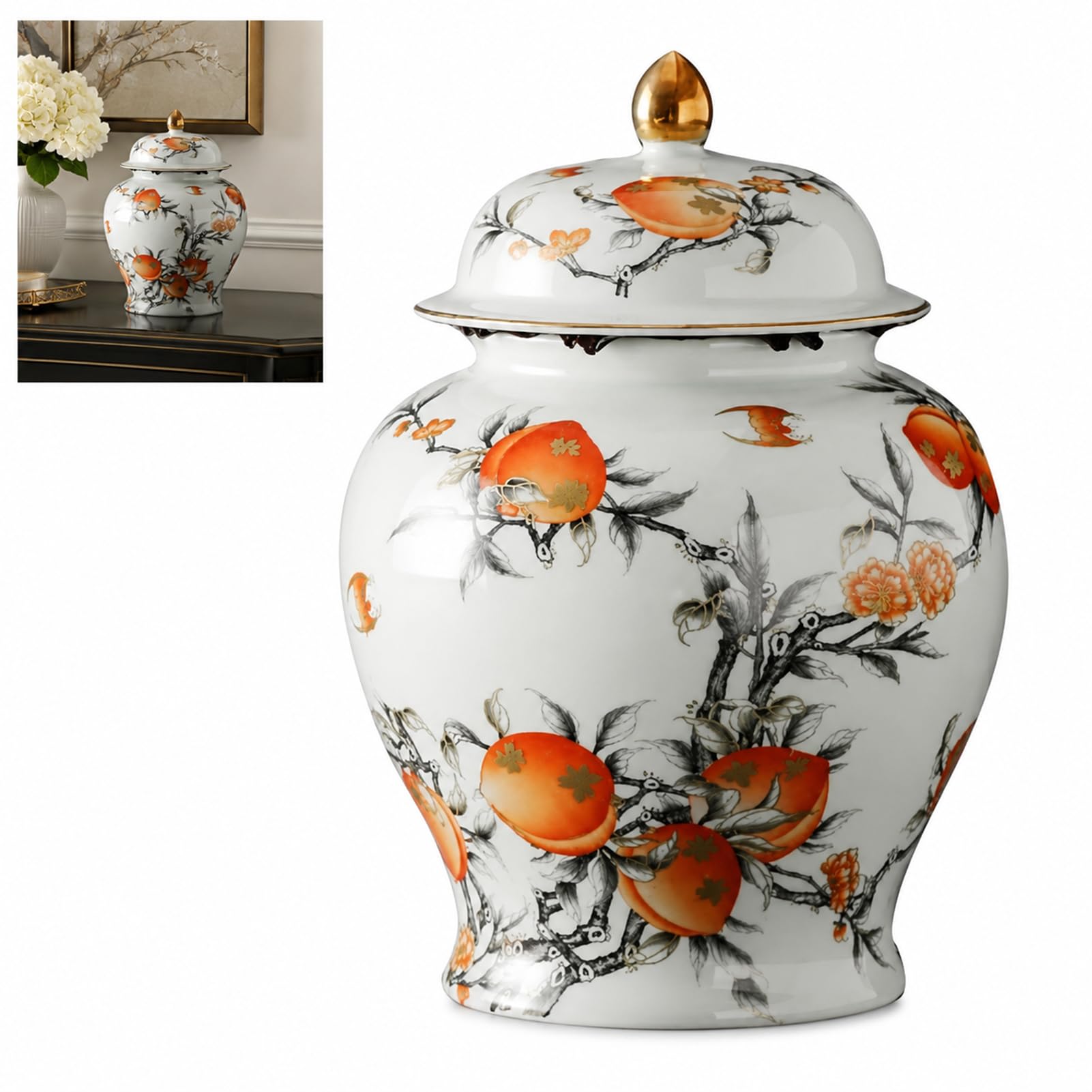 Large Ginger Jar Porcelain Vase With Lid Chinese Longevity Peach Ceramic Temple Jars Decorative (18 * 26.5cm,yellow)