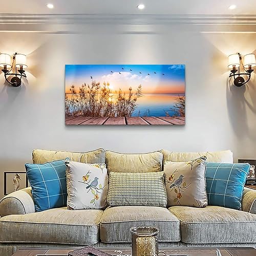 Miniatura 2 de Arte de pared para sala de estar póster con impresión decorativa pintura de paisaje de playa, sol, hierba y océano decoración de habitación, cuarto