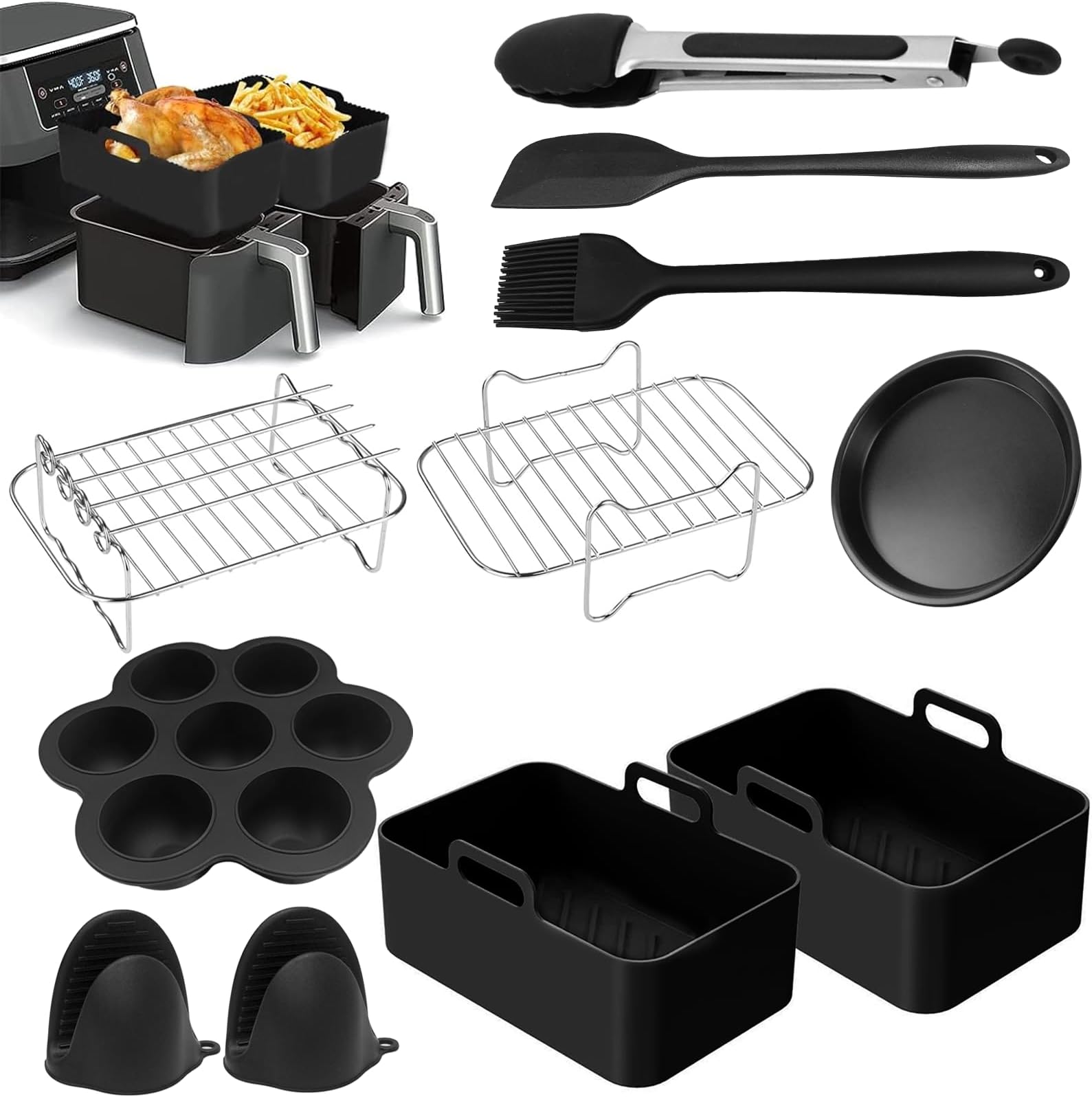 WenosdaSilicone Air Fryer Liner, 11 Pcs Air Fryer Accessories for Ninja Dual Liners Reusable Pot Racks Stainless Steel with Gloves & Brush 7.6L-9.5L