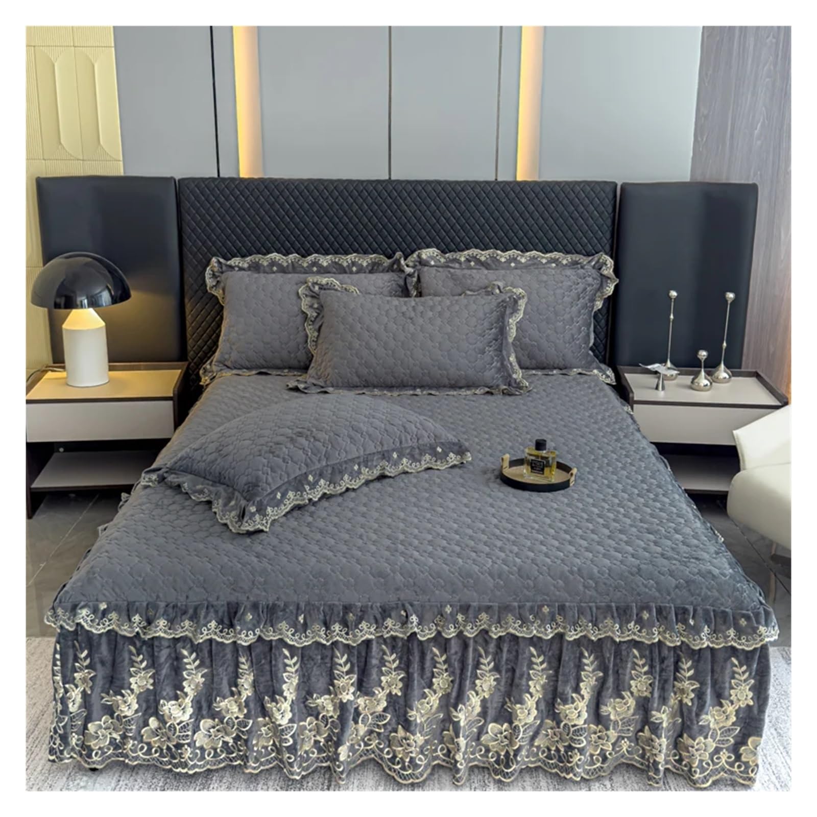 2/3Pcs Thickened Quilted Crystal Velvet Bed Skirt, Flowers Lace Embroidery Bedspread, Bed Sheet, Bed Cover, Pillowcases(Grey,180X220cm 3pcs)