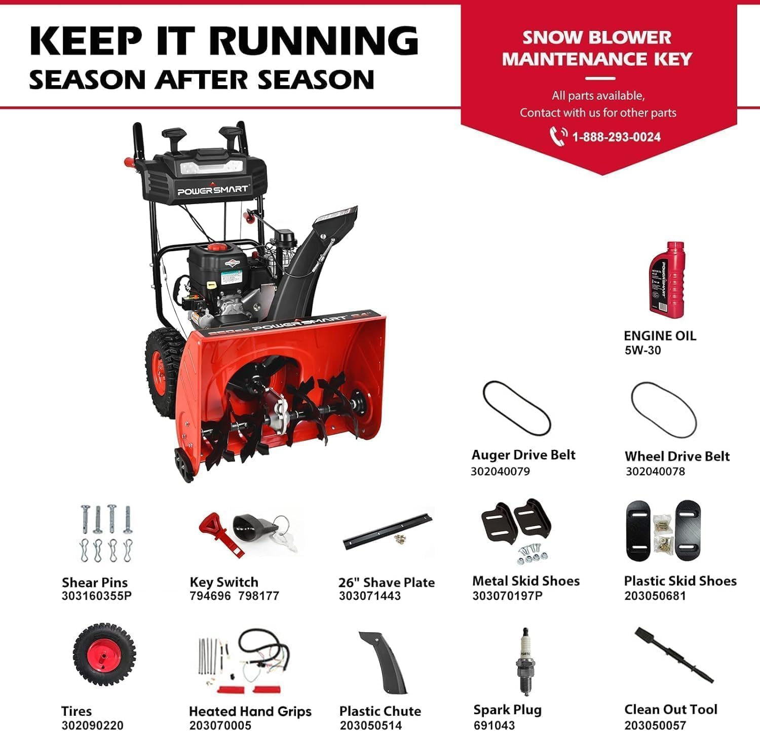 PowerSmart 2-Stage Gas Snow Blower, 24-Inch Self-Propelled with B&S 208cc Engine, 120V Electric Start, 13-Inch Snow Tires, Handle Warmer with LED Lights
