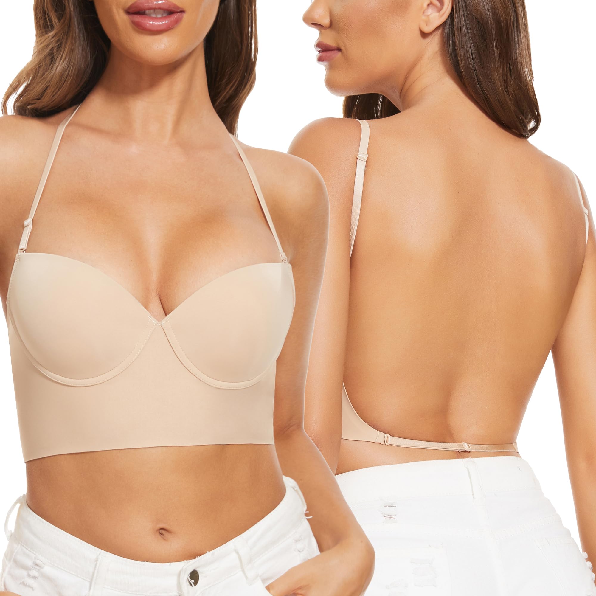 Low Back Bras for Women-Seamless Lightly Lined Invisible Backless Bra-Underwire Plunge Open Back Multiway Halter Bra
